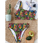 Watercolor Parrot Pattern Print One Shoulder Bikini Top