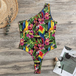 Watercolor Parrot Pattern Print One Shoulder Bodysuit