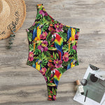 Watercolor Parrot Pattern Print One Shoulder Bodysuit