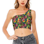 Watercolor Parrot Pattern Print One Shoulder Crop Top