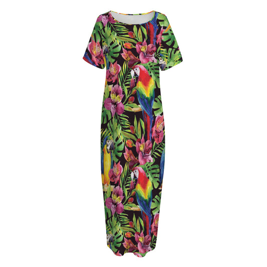 Watercolor Parrot Pattern Print Short Sleeve Long Nightdress