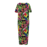 Watercolor Parrot Pattern Print Short Sleeve Long Nightdress