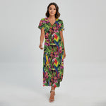 Watercolor Parrot Pattern Print Short Sleeve Maxi Dress