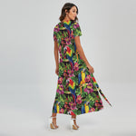 Watercolor Parrot Pattern Print Short Sleeve Maxi Dress