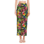 Watercolor Parrot Pattern Print Side Slit Maxi Skirt