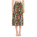 Watercolor Parrot Pattern Print Side Slit Midi Skirt