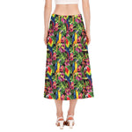 Watercolor Parrot Pattern Print Side Slit Midi Skirt
