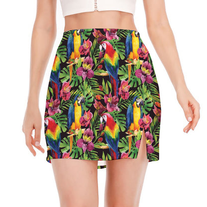 Watercolor Parrot Pattern Print Side Slit Mini Skirt