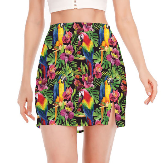 Watercolor Parrot Pattern Print Side Slit Mini Skirt