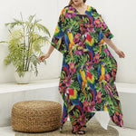 Watercolor Parrot Pattern Print Silk V-Neck Kaftan Dress