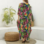 Watercolor Parrot Pattern Print Silk V-Neck Kaftan Dress