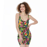 Watercolor Parrot Pattern Print Sleeveless Bodycon Dress