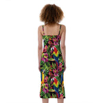 Watercolor Parrot Pattern Print Slim Fit Midi Cami Dress