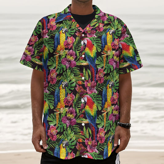 Watercolor Parrot Pattern Print Textured Short Sleeve Shirt