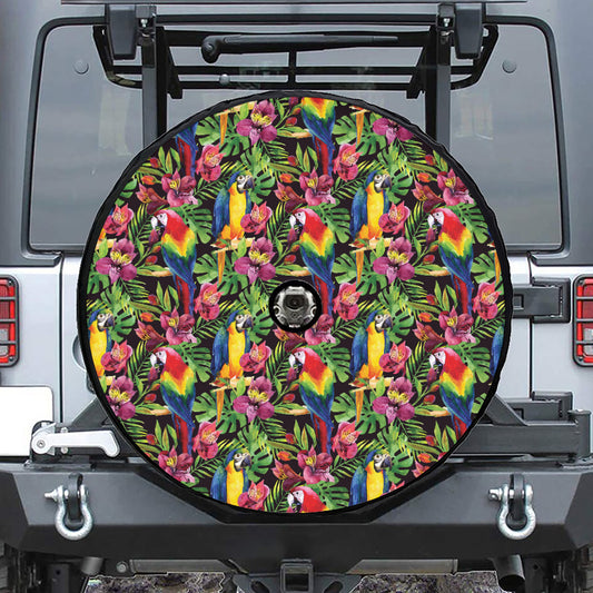 Watercolor Parrot Pattern Print Tire Cover With Camera Hole