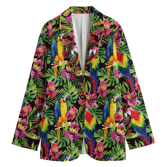 Watercolor Parrot Pattern Print Women's Cotton Blazer