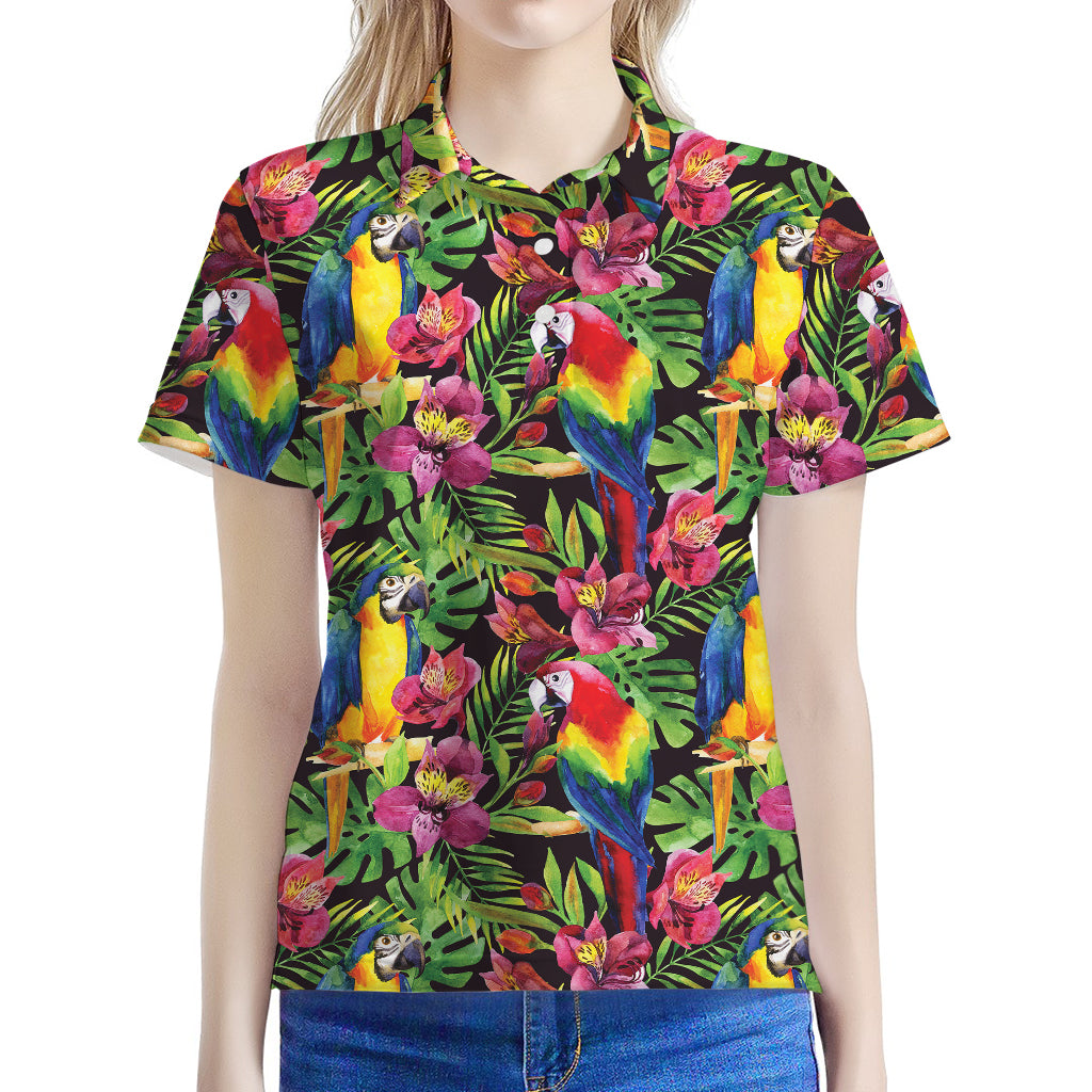 Watercolor Parrot Pattern Print Women's Polo Shirt