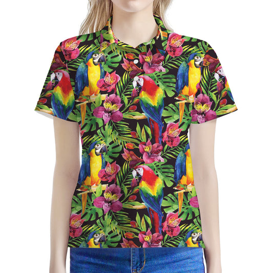 Watercolor Parrot Pattern Print Women's Polo Shirt