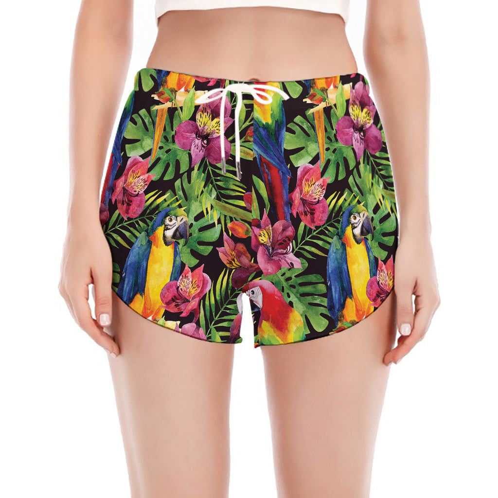 Watercolor Parrot Pattern Print Women's Split Running Shorts