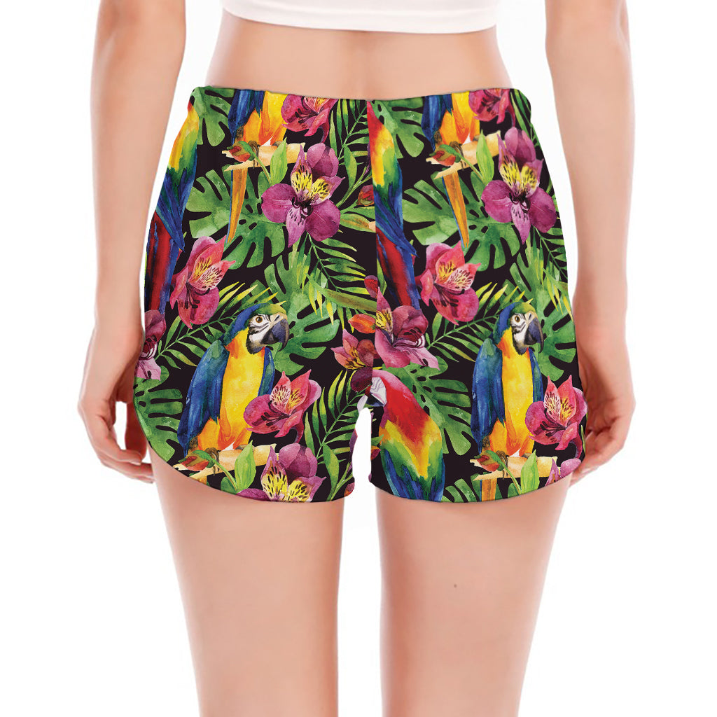 Watercolor Parrot Pattern Print Women's Split Running Shorts