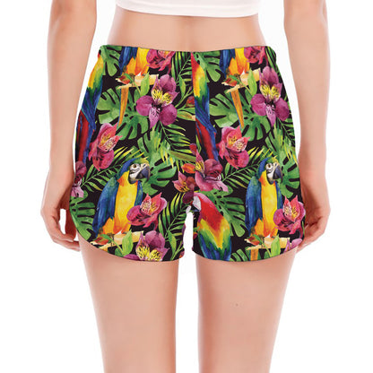 Watercolor Parrot Pattern Print Women's Split Running Shorts