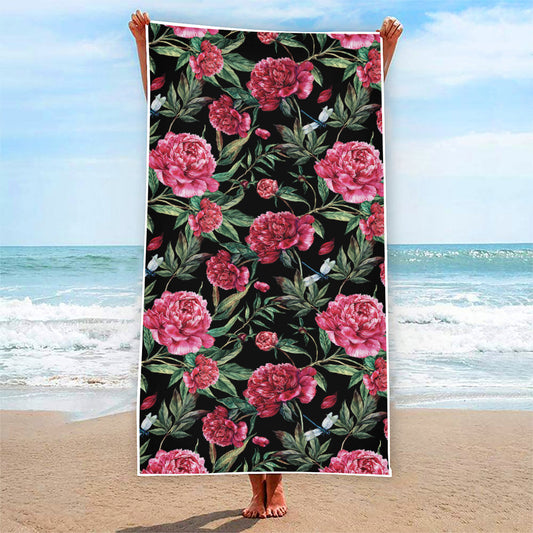 Watercolor Peony Pattern Print Beach Towel