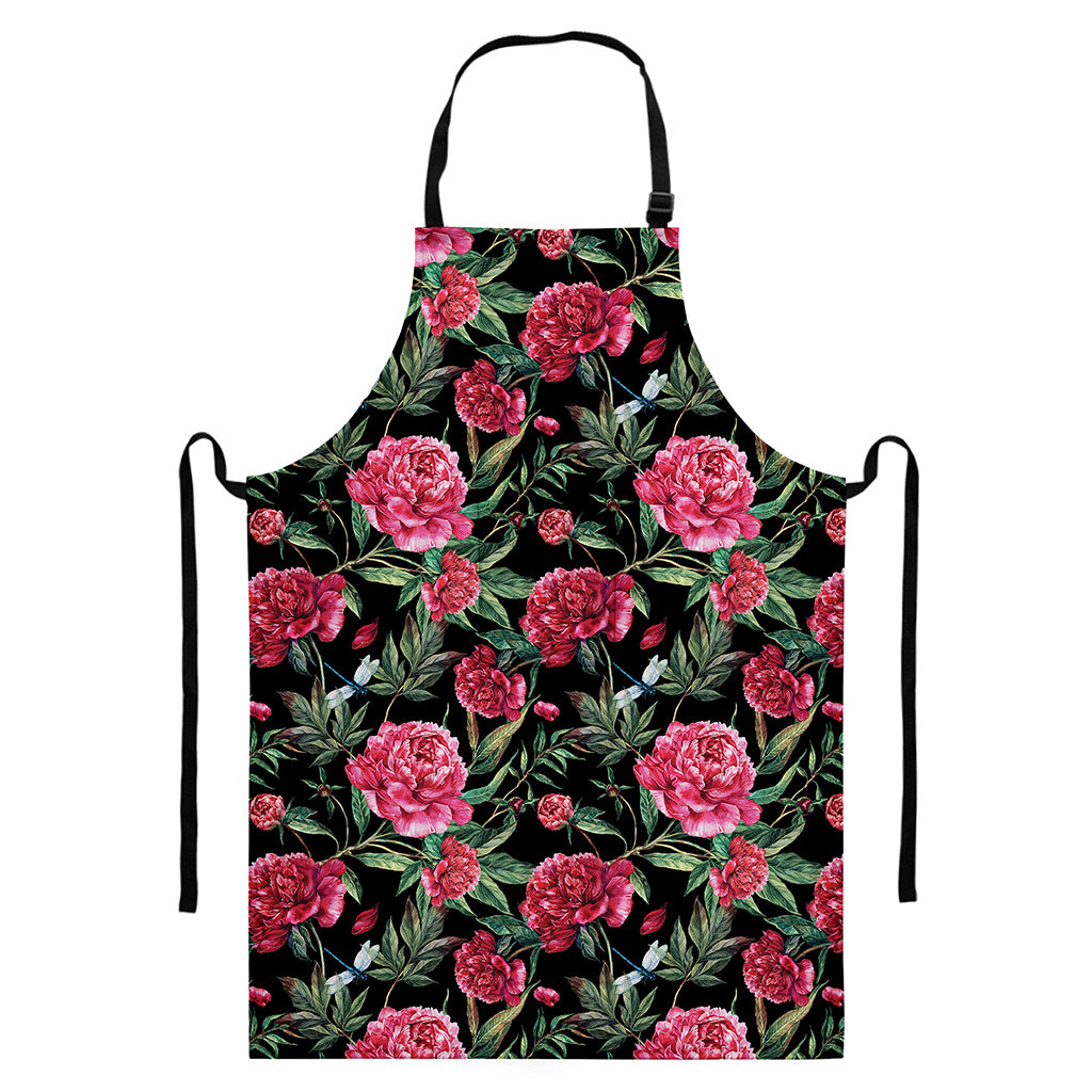 Watercolor Peony Pattern Print Bib Apron With Pocket