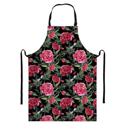 Watercolor Peony Pattern Print Bib Apron With Pocket