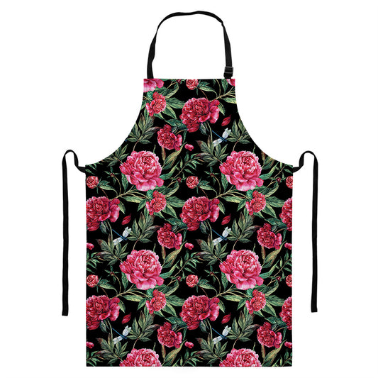 Watercolor Peony Pattern Print Bib Apron With Pocket