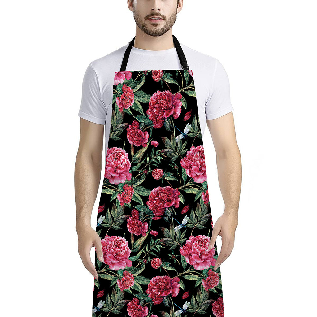Watercolor Peony Pattern Print Bib Apron With Pocket