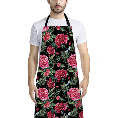 Watercolor Peony Pattern Print Bib Apron With Pocket