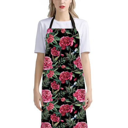 Watercolor Peony Pattern Print Bib Apron With Pocket