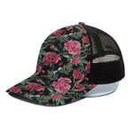 Watercolor Peony Pattern Print Black Mesh Trucker Cap