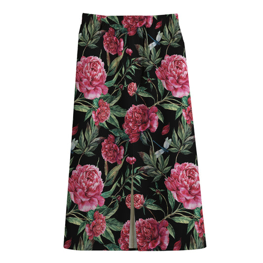 Watercolor Peony Pattern Print Cotton Front Slit Maxi Skirt