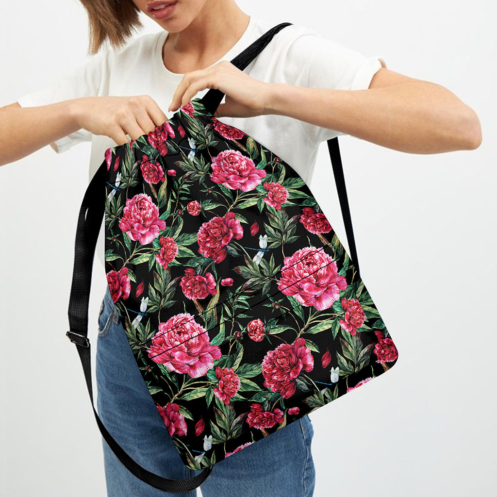 Watercolor Peony Pattern Print Drawstring Backpack