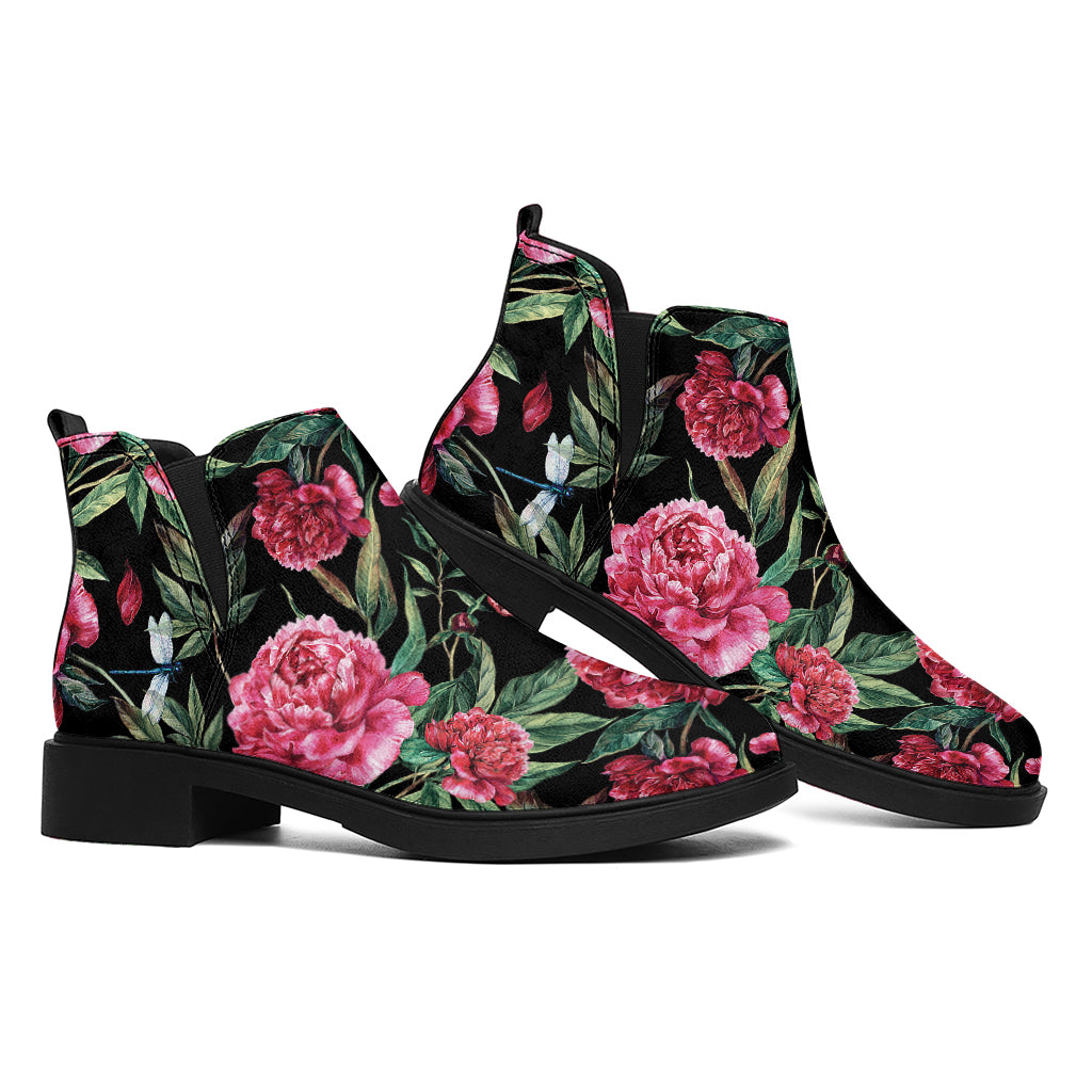 Watercolor Peony Pattern Print Flat Ankle Boots