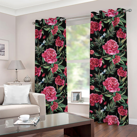 Watercolor Peony Pattern Print Grommet Curtains