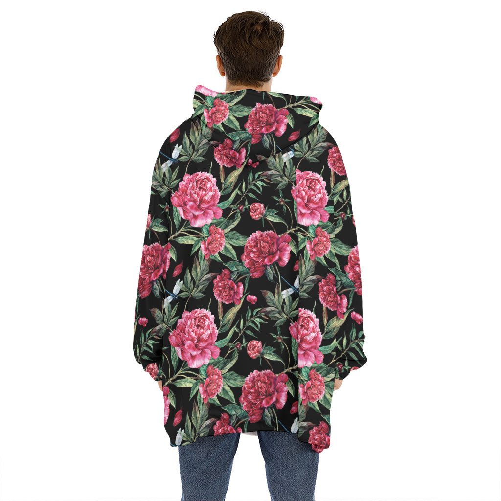 Watercolor Peony Pattern Print Hoodie Blanket