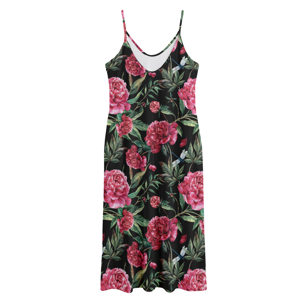 Watercolor Peony Pattern Print Jersey Midi Cami Dress