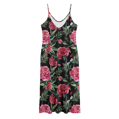 Watercolor Peony Pattern Print Jersey Midi Cami Dress
