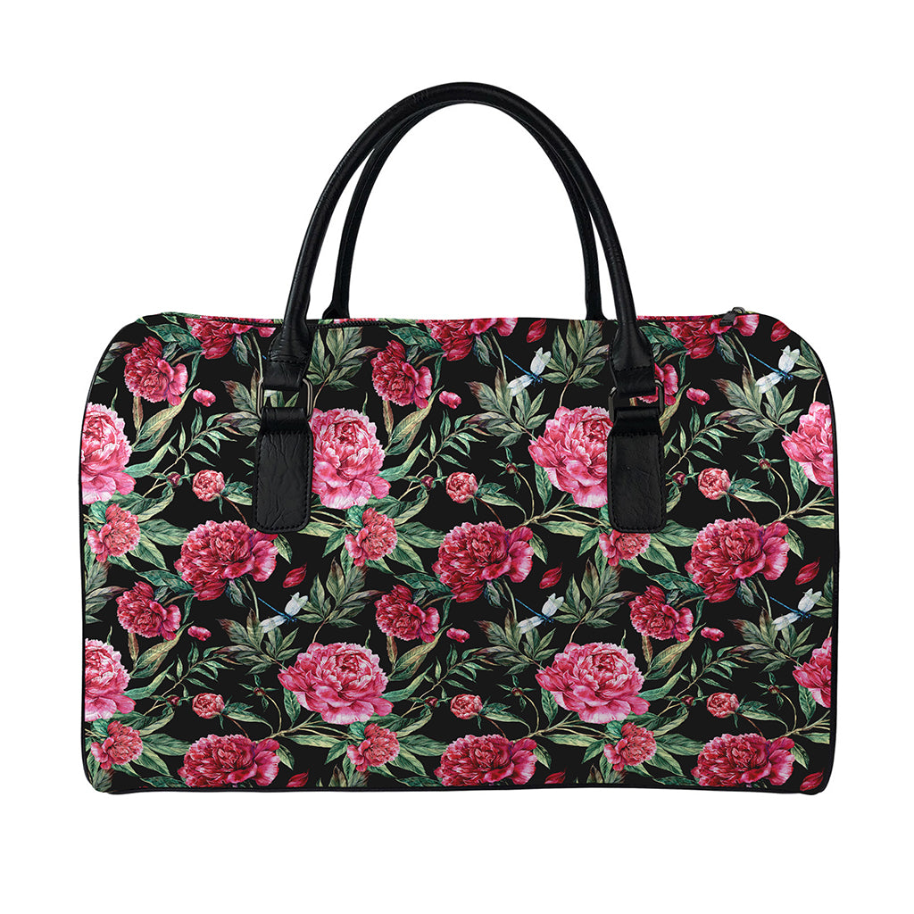Watercolor Peony Pattern Print Leather Duffle Bag