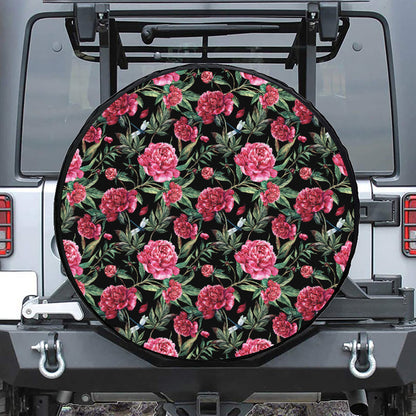 Watercolor Peony Pattern Print Leather Spare Tire Cover