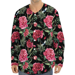 Watercolor Peony Pattern Print Long Sleeve Baseball Jersey