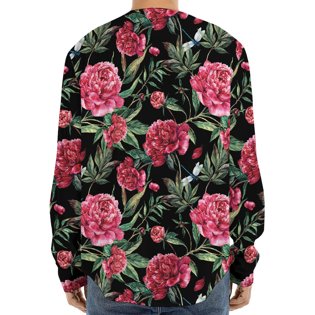 Watercolor Peony Pattern Print Long Sleeve Baseball Jersey