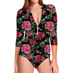 Watercolor Peony Pattern Print Long Sleeve Swimsuit