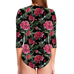 Watercolor Peony Pattern Print Long Sleeve Swimsuit