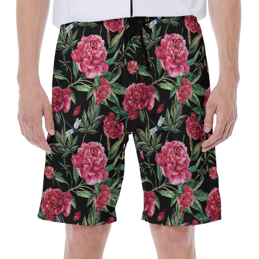 Watercolor Peony Pattern Print Men's Beach Shorts