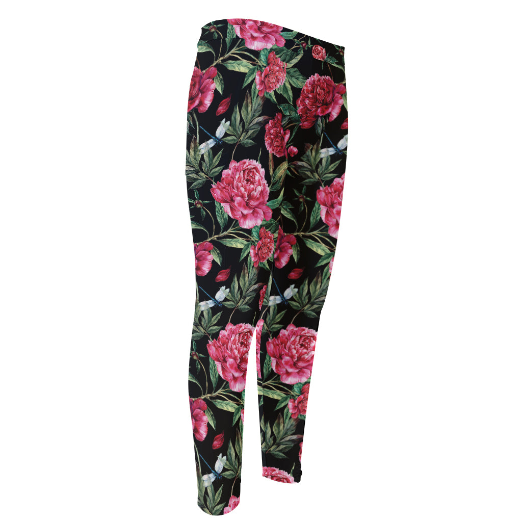 Watercolor Peony Pattern Print Men's Compression Pants