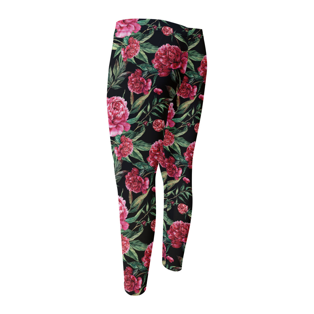 Watercolor Peony Pattern Print Men's Compression Pants