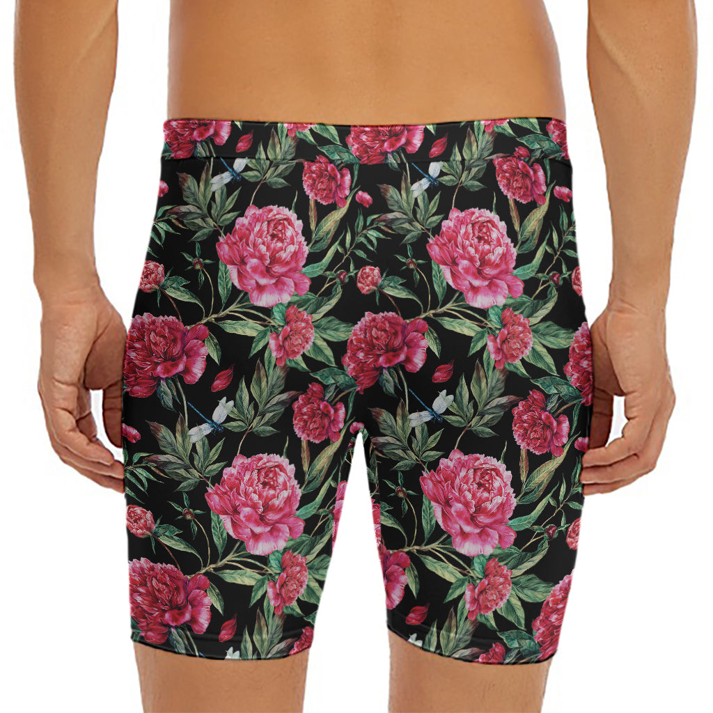 Watercolor Peony Pattern Print Men's Long Boxer Briefs